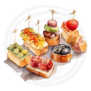 K&ouml;nnte beinhalten: Aquarellillustration verschiedener Tapas auf kleinen Brotscheiben, jede mit verschiedenen Zutaten belegt und mit einem Zahnstocher befestigt. Die Tapas umfassen Oliven, K&auml;se, Fleisch und eine rote Frucht, angeordnet auf einer grauen Oberfl&auml;che.