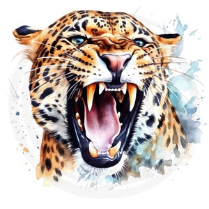 May include: A watercolour painting of a leopard with its mouth open, showing its teeth. The leopard is painted in shades of brown, black, and white, and the background is a light blue watercolour wash.