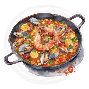 K&ouml;nnte beinhalten: Aquarell-Illustration von Paella in einer schwarzen Pfanne. Das Gericht enth&auml;lt Garnelen, Muscheln und Gem&uuml;se. Die Paella befindet sich vor einem wei&szlig;en Hintergrund mit Aquarellakzenten.