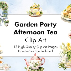 May include: A watercolor illustration of a garden party afternoon tea with floral details. The image includes a teapot, teacups, scones, and a tiered cake stand with pastries. The text "Garden Party Afternoon Tea Clip Art" is displayed in black text on a white background.