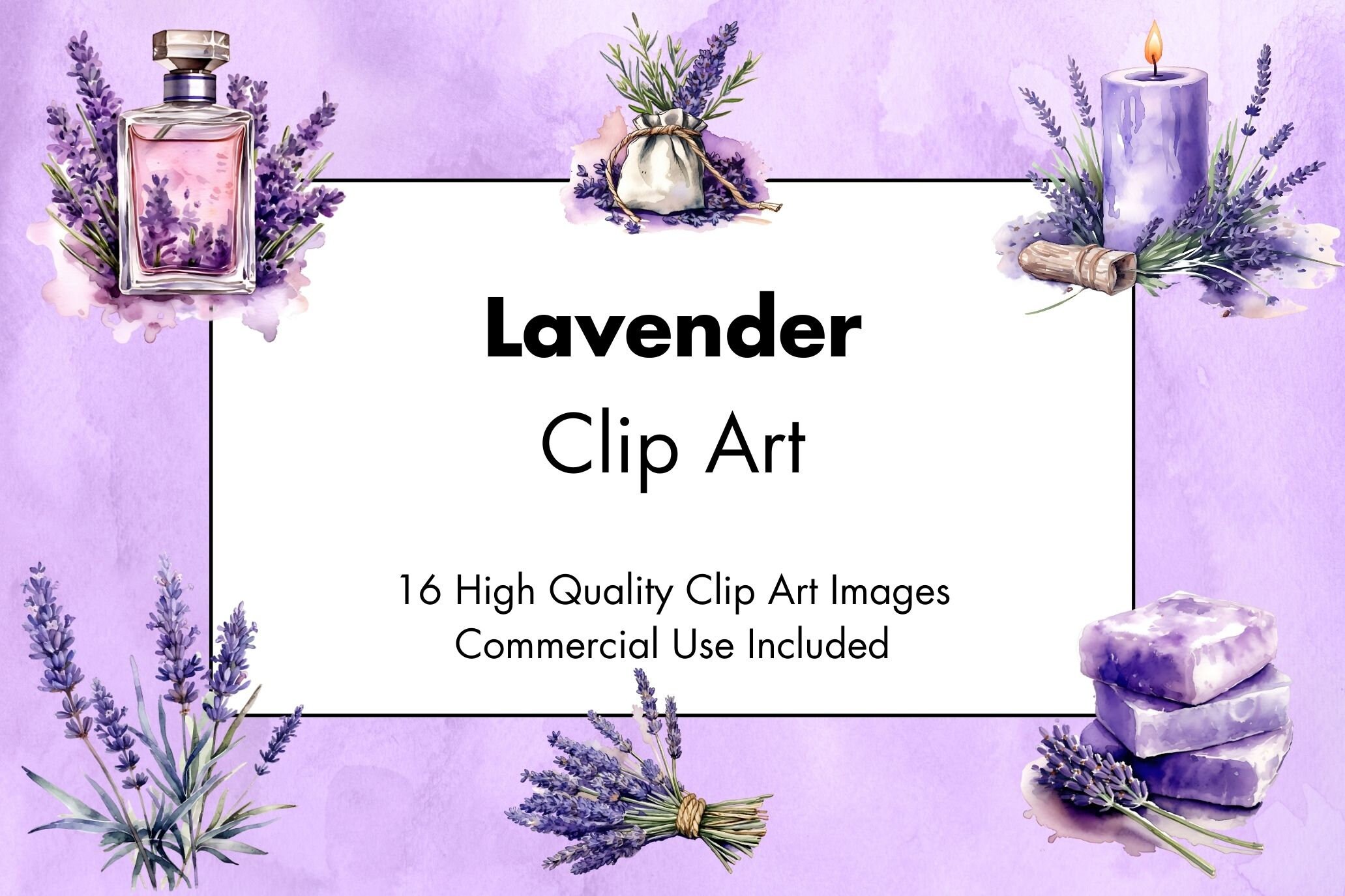 Lavendel Clipart - 16 Hochwertige JPGs - Weißer & Transparenter Hintergrund - Aquarell Illustration - Digitaler Download - Kommerzielle Nutzung