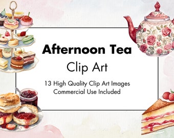 Imágenes prediseñadas del té de la tarde - 13 JPG de alta calidad - Fondo blanco y transparente - Ilustración de acuarela - Descarga digital - Uso comercial