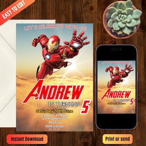 Invito di compleanno personalizzato Iron Man, modello di invito per festa di compleanno, stampabile 5x7 Canva Evite, biglietto di compleanno per bambini, Ironman,