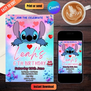 Modèle d’invitation d’anniversaire Stitch modifiable, invitations de fête d’anniversaire imprimables, invitation numérique pour enfants, invitation de carte d’anniversaire numérique