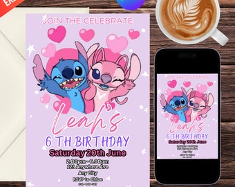 Stitch Birthday Invitation Editable Template, Printable Birthday Party Invitations, Digital Kids Party Invite, Digital Bday Card Invite