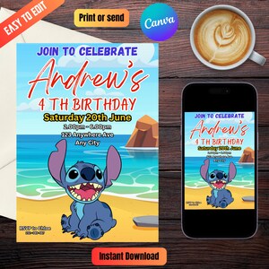 Stitch Birthday Invitation Editable Template, Printable Birthday Party Invitations, Digital Kids Party Invite, Digital Bday Card Invite