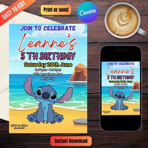 Modelo editável de convite de aniversário Stitch, convites de festa de aniversário para impressão, convite digital para festa infantil, convite digital para cartão de aniversário