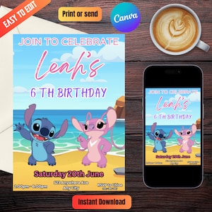 Stitch Birthday Invitation Editable Template, Printable Birthday Party Invitations, Digital Kids Party Invite, Digital Bday Card Invite