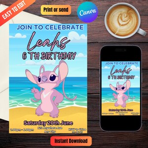 Angel/Stitch Birthday Invitation Template Editable, Printable Birthday Party Invitations, Digital Kids Party Invite, Bday Card Invite