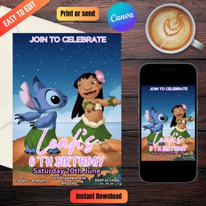 Stitch Birthday Invitation Editable Template, Printable Birthday Party Invitations, Digital Kids Party Invite, Digital Bday Card Invite