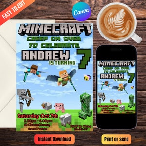 Minecraft verjaardagsuitnodiging bewerkbaar | Minecrafter verjaardagsuitnodigingen | Bewerkbaar in Canva Invitation Direct downloaden | GRATIS bedankkaart
