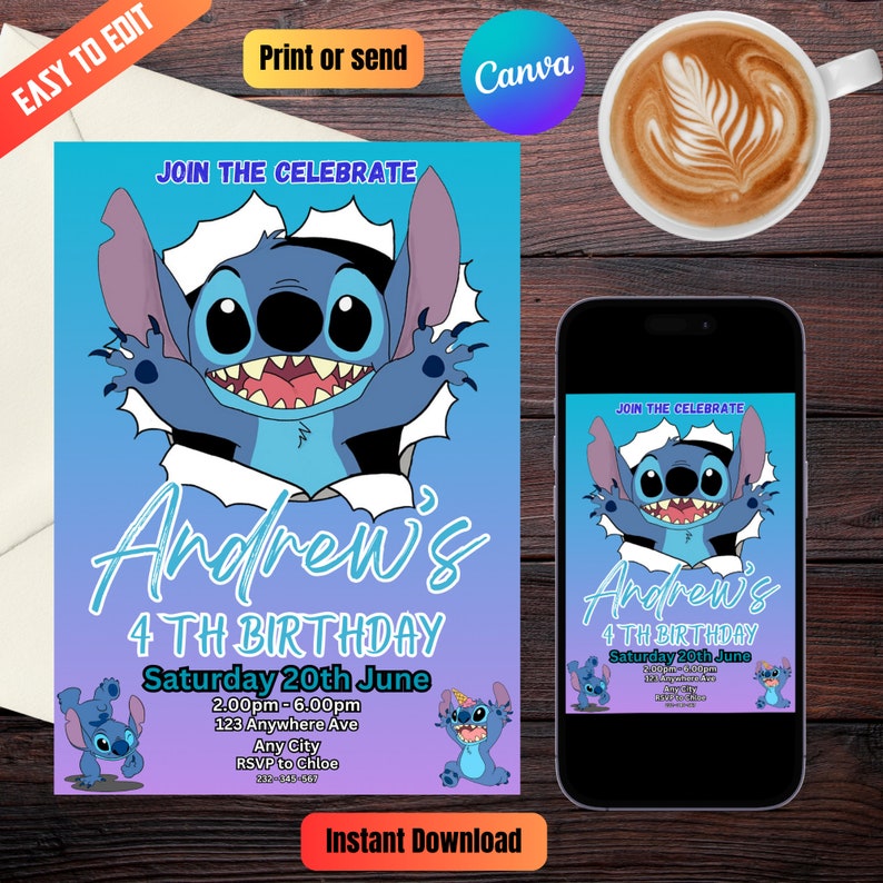 Editable Stitch Birthday Invitation Template Printable - Etsy