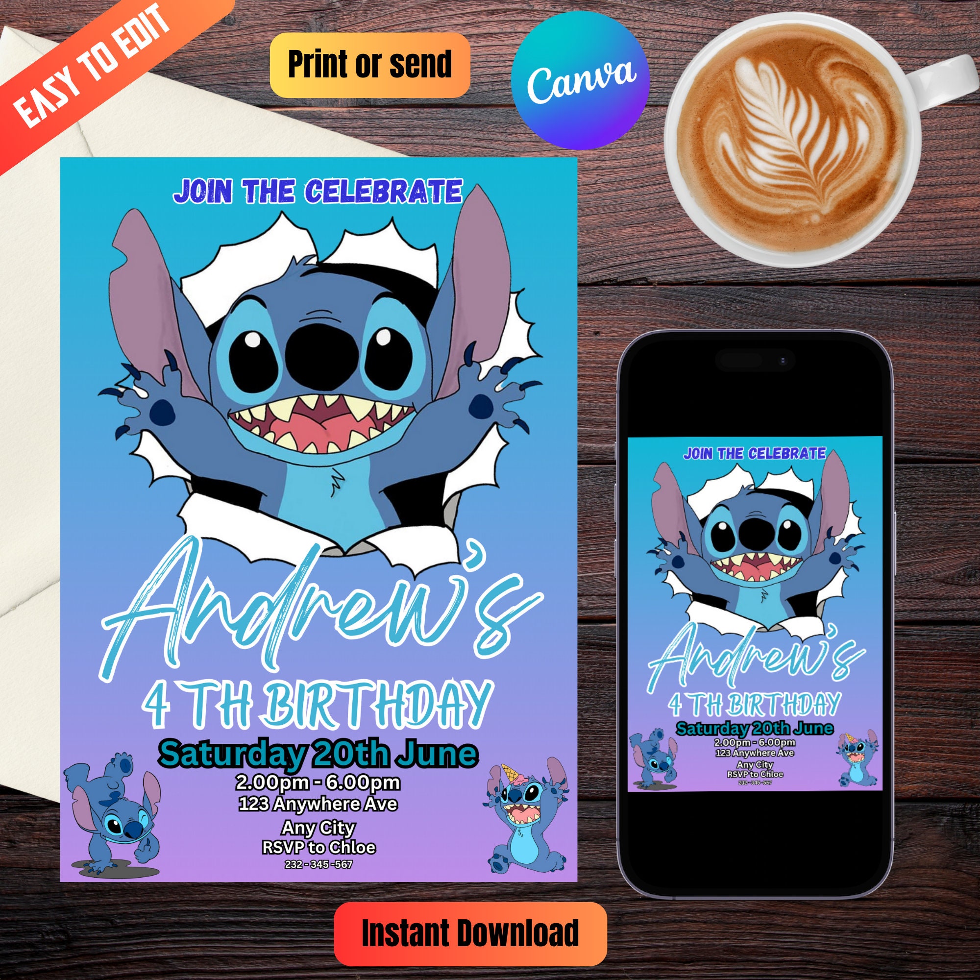 Stitch Birthday Invitation Template Editable, Printable Birthday Party ...