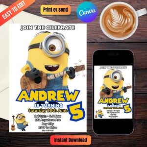 Minions Stuart Birthday Party Invitation Editable, Minions Party E-Invitation, Printable Birthday Party Invitation, Instant Download