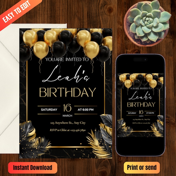 Digital Black Gold Birthday Party Invitation, Black Gold Balloons, Editable Template, Any Age, Evite, Instant Download, Phone Evite. Party