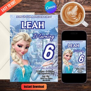 Frozen Elsa Editable, Queen Elsa Children&#39;s Party Invitations /Frozen Invites/ Queen Elsa / Free Thank You Card