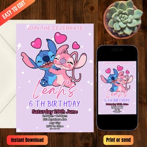 Stitch Birthday Invitation Editable Template, Printable Birthday Party Invitations, Digital Kids Party Invite, Digital Bday Card Invite