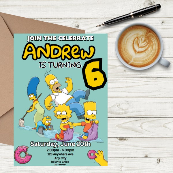 Invitation de fête d'anniversaire Les Simpsons modifiable, invitation électronique de fête, Invitation Les Simpsons imprimable, téléchargement immédiat modifiable