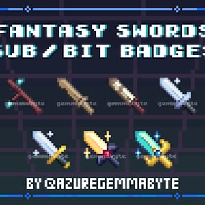 Fantasy RPG Sword Twitch Sub Bits Badges || 7 Cool Pixel Art 8-bit Fantasy Swords Loyalty Medal