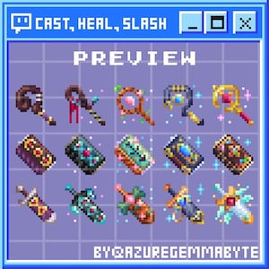 May include: A pixel art preview of 12 different weapons and items, including a staff, a wand, a sword, and a book. The items are arranged in a grid and have a blue and purple background. The text "CAST, HEAL, SLASH" is at the top of the image, and the text "PREVIEW" is in the center of the image. The text "BY@AZUREGEMMABYTE" is at the bottom of the image.