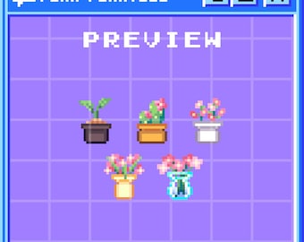 Insignias de subbits de plantas con flores rosas // 5 lindas plantas y jarrones de 8 bits con arte de píxeles