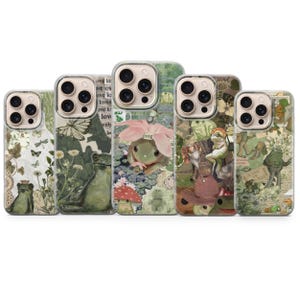 May include: Five phone cases with frog and nature-inspired designs. Each case has a unique collage of frogs, flowers, butterflies, and text, in green, beige, and pink hues. The cases are designed for a smartphone.
