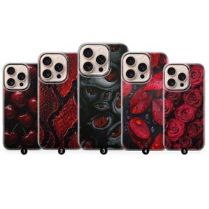 May include: A collection of five phone cases with various designs. The cases feature images of cherries, a red scale pattern, a creature with multiple eyes, red leaves with water droplets, and red roses. Each case has a clear border.