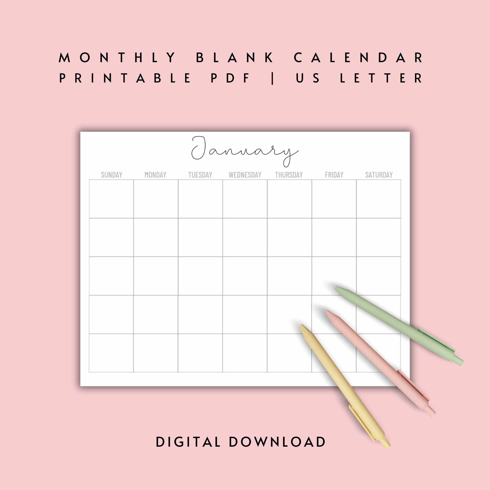 Monthly Blank Calendar Sunday Start Simple Calendar US Letter ...