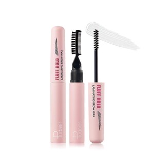 May include: Three pink tubes of brow wax are displayed. One is closed, one has a comb applicator, and the third has a brush applicator with a clear wax swatch. The text "FLUFF HOLD LAMINATING BROW WAX" is printed on the tubes.