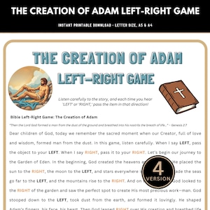 May include: Printable game titled "The Creation of Adam Left-Right Game." The design features an illustration of Adam, a brown book with a cross, and text instructions. The game is available for instant download in letter size, A5, and A4 formats.