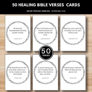 Peut inclure: Un ensemble de 50 cartes de versets bibliques de guérison. Chaque carte présente un verset, entouré d'une couronne de laurier. Les cartes sont blanches avec du texte noir. Le haut de l'image indique "50 Healing Bible Verses Cards" et "Instant Printable Download - Letter Size, & A4."