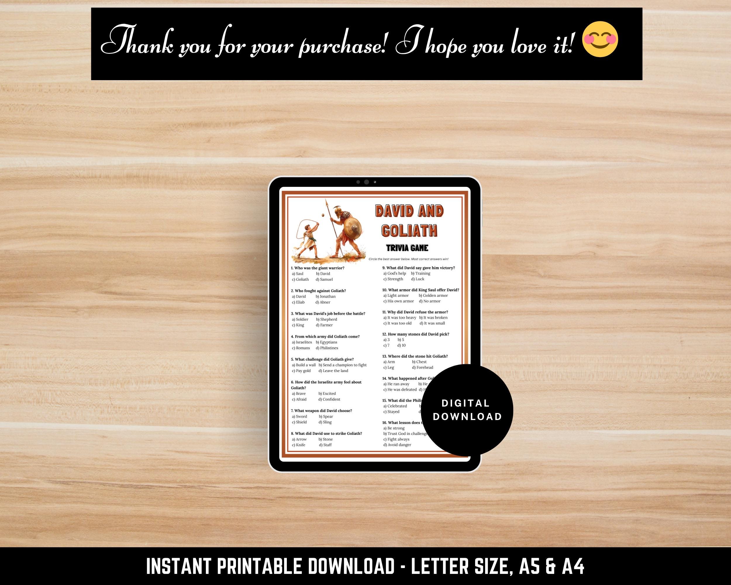 David and Goliath Trivia Game Printable - Bible Quiz for Kids & Adults ...