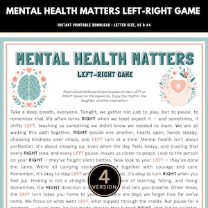 May include: Printable "Mental Health Matters" Left-Right Game, featuring a teal and cream color scheme. The game includes instructions and decorative elements like a brain and hands holding a heart. Instant download.