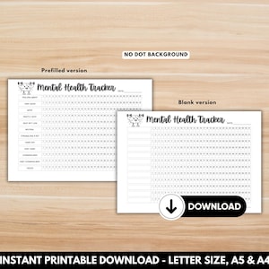 Printable mental wellness planner for therapy support. Mood tracking worksheet for anxiety and depression