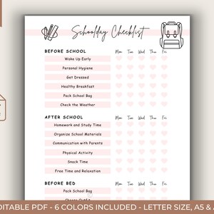 Bewerkbare checklist voor kinderen met dagelijkse klusjes, verantwoordelijkheid, beschikbaar in printbaar formaat voor voor school, na school, voor het slapengaan.