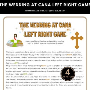 May include: A printable game for kids about the wedding at Cana. The game features a colorful illustration of Jesus and a cross. The text on the page instructs players to pass an item left or right when they hear those words in the story.