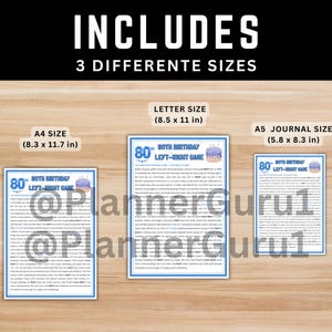 Three sizes included: letter, A4, A5 comparison for 80th birthday left right game printable bundle – born in 1946 vintage party activity