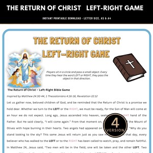 Pode incluir: Uma folha de jogo imprimível intitulada "The Return of Christ Left-Right Game". O design apresenta ilustrações de Jesus, anjos e uma Bíblia. O texto inclui instruções e versículos bíblicos. O jogo está disponível em tamanho carta, A5 e A4.
