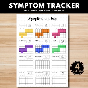 May include: A printable symptom tracker with a black and white grid design. The tracker includes 12 common symptoms, such as headache, fatigue, nausea, dizziness, cough, fever, stomach pain, body aches, runny nose, allergy, insomnia, and anxiety. Each symptom has a corresponding icon and a grid for tracking the symptom over a week.