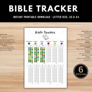 Peut inclure: Un suivi de lecture de la Bible imprimable avec un design noir et blanc. Le suivi est divisé en catégories : Pentateuque, Histoire, Poésie, Prophètes, Évangiles et Épîtres. Chaque catégorie a une couleur correspondante. Le suivi est conçu pour aider les gens à lire toute la Bible en un an.