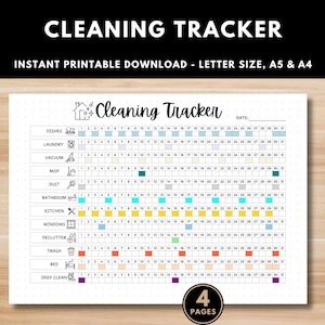 May include: A printable cleaning tracker checklist with a black and white grid and coloured squares. The checklist includes tasks such as dishes, laundry, vacuum, mop, dust, bathroom, kitchen, windows, declutter, trash, bed, and deep clean. The tracker has a date section and a space for 31 days.