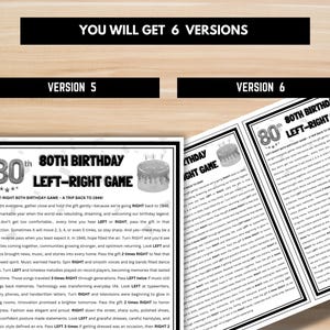 Black framed monochrome 80th birthday left right game printable – classic 1946 themed pass the gift activity for milestone 80 years party