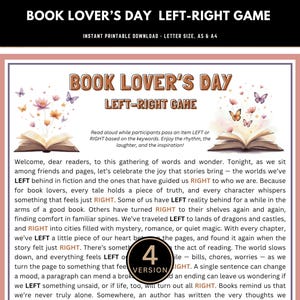 Book Lover’s Day Left Right Game printable PDF – pass the gift story for book clubs, instant download reading party activity