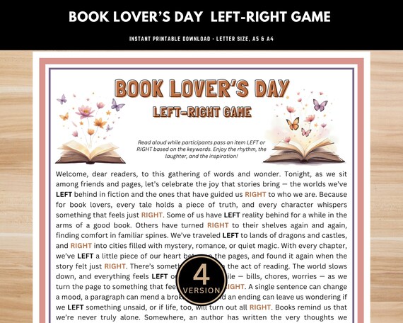 Book Lover’s Day Left Right Game Printable – Pass the Gift Story for Readers & Book Clubs, Instant Download PDF, Literary Party Game