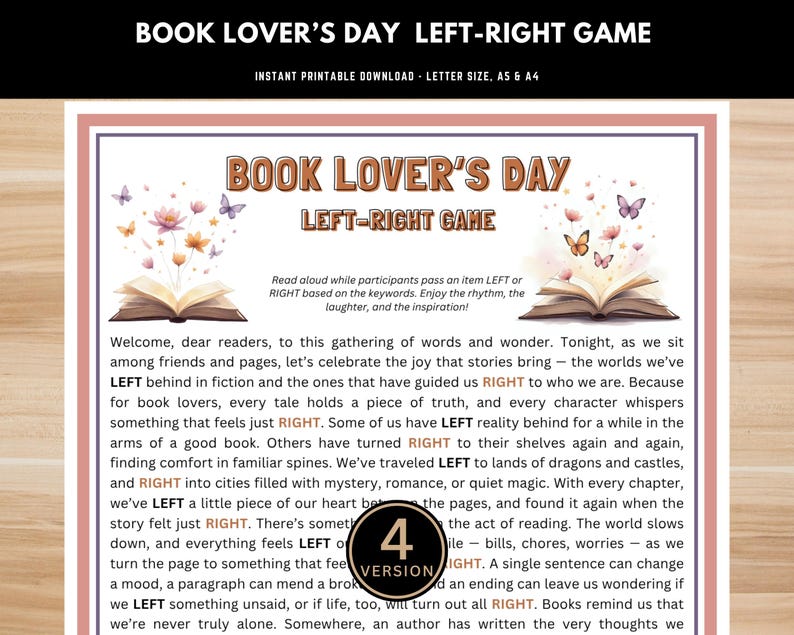 Book Lover’s Day Left Right Game printable PDF – pass the gift story for book clubs, instant download reading party activity