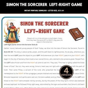 Peut inclure: Une feuille de jeu imprimable intitulée "Simon le Sorcier Jeu Gauche-Droite". La conception comprend une illustration d'une figure biblique, un livre avec une croix et du texte expliquant les règles du jeu. Le jeu est disponible en 4 versions.