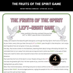 Peut inclure: Un jeu imprimable pour les enfants pour apprendre les fruits de l'Esprit. Le jeu présente un design coloré avec des colombes et une feuille verte. Le texte sur la page indique "The Fruits of the Spirit Left-Right Game".