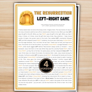 以下が含まれることがあります： 「The Resurrection Left-Right Game」というタイトルの印刷されたゲームシート。金色の墓のイラストが描かれています。テキストには、イースターに関する指示と物語が含まれています。円形の「4 VERSION」グラフィックが下部にあります。