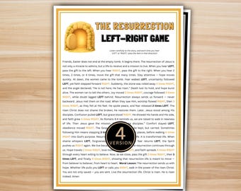 May include: A printed game sheet titled "The Resurrection Left-Right Game" with a gold-coloured tomb illustration. The text includes instructions and a story about Easter. A circular "4 VERSION" graphic is at the bottom.