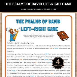May include: A printable game for kids about the Psalms of David. The game features a colorful illustration of King David playing a harp and a Bible. The text on the page instructs players to pass an object left or right when they hear the words "left" or "right" in the story.